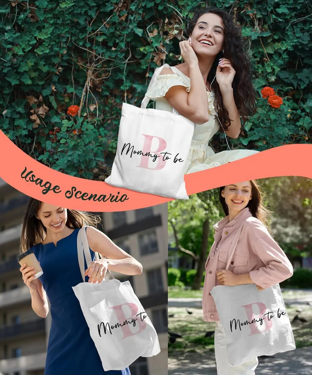 Initial Mommy to Be Gifts Pink Canvas Tote Bag for Women, New Mom Gifts, Mommy to be Gift Tote Bag, Alphabet Tote Bag