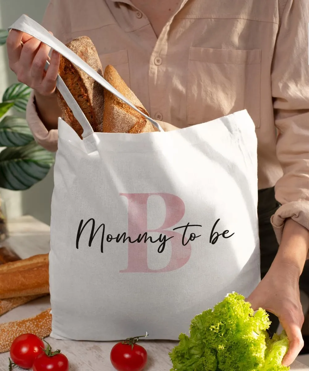 Initial Mommy to Be Gifts Pink Canvas Tote Bag for Women, New Mom Gifts, Mommy to be Gift Tote Bag, Alphabet Tote Bag