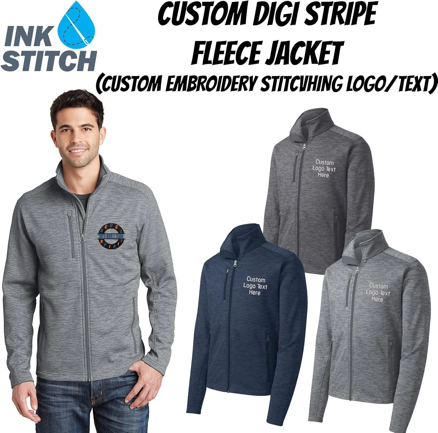 INK STITCH Men F231 Deisgn Your Own Custom Stitching Logo Texts Digi Stripe Fleece Jackets