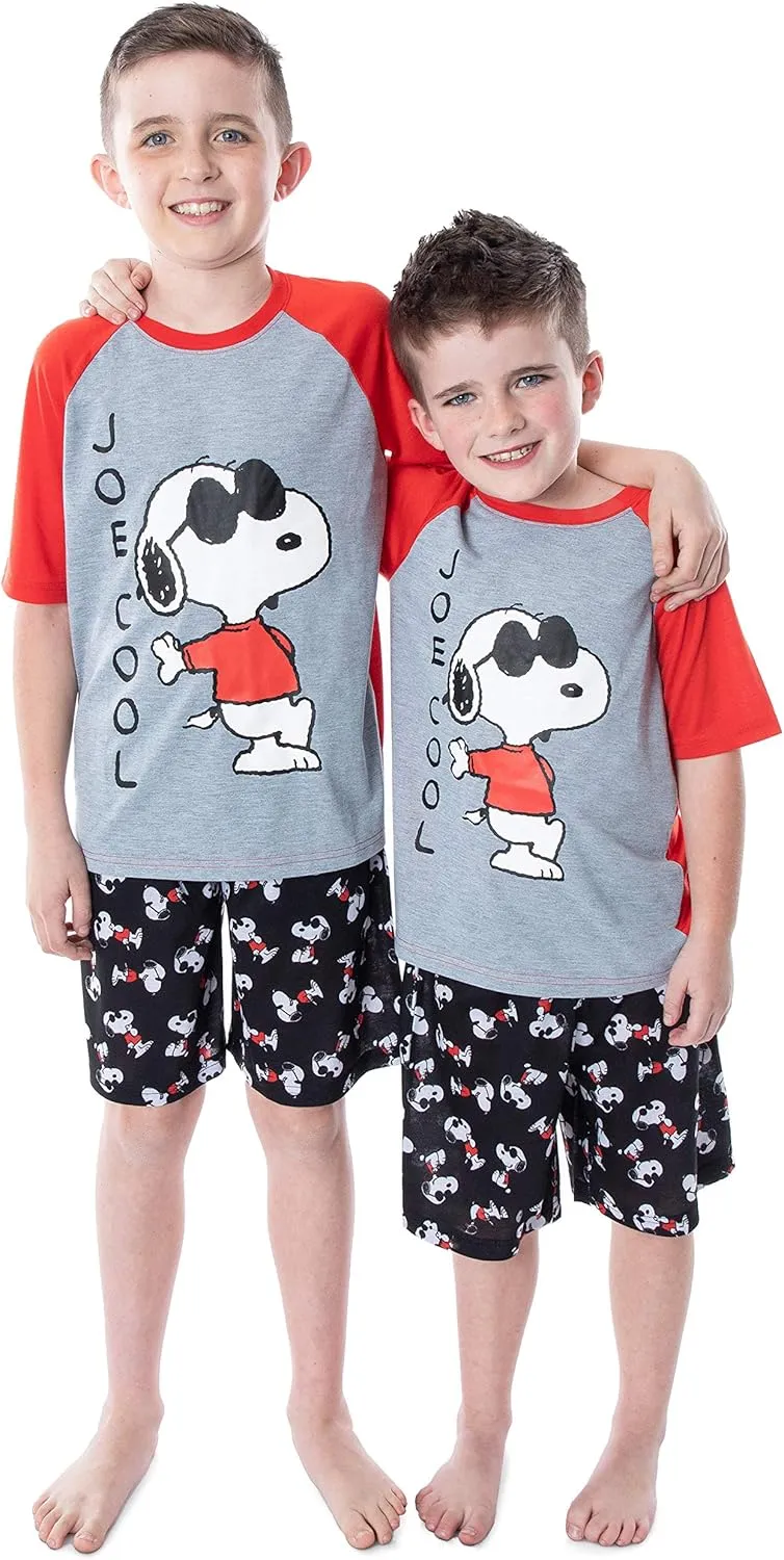 Intimo Peanuts Boys' Joe Cool Snoopy Pajamas Short Sleeve Shirt And Shorts 2 Piece PJs Kids Sleepwear Set