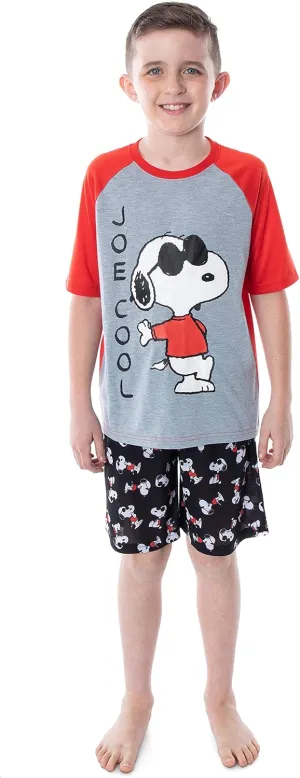 Intimo Peanuts Boys' Joe Cool Snoopy Pajamas Short Sleeve Shirt And Shorts 2 Piece PJs Kids Sleepwear Set