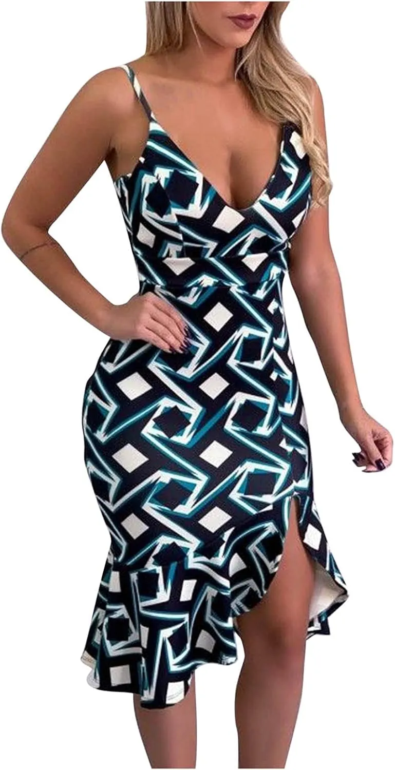 iQKA Women Sexy Cocktail Dress Ruffle Hem Sling Dresses Floral Print V Neck Sleeveless Pencil Dress Vestidos