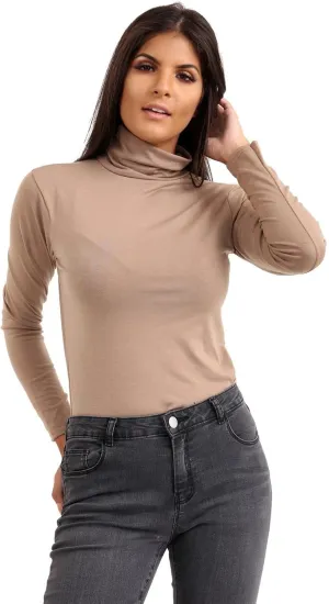Janisramone Long Sleeve Compression Shirts for Women Turtle Necks Tops for Women, Thermal Undershirt for Women Mocha