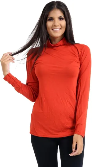 Janisramone Long Sleeve Compression Shirts for Women Turtle Necks Tops for Women, Thermal Undershirt for Women Rust