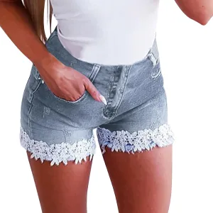 Jean Shorts Womens Summer High Waisted Denim Shorts Stretchy Lace Trim Short Jeans Butt Lifting Jorts with Pockets