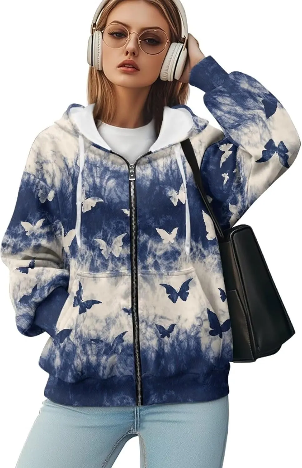JEOCODY Zip Up Hoodie Women Oversized Hoodie Casual Long Sleeve Graphic Jackets with Pockets Zipper Drawstring