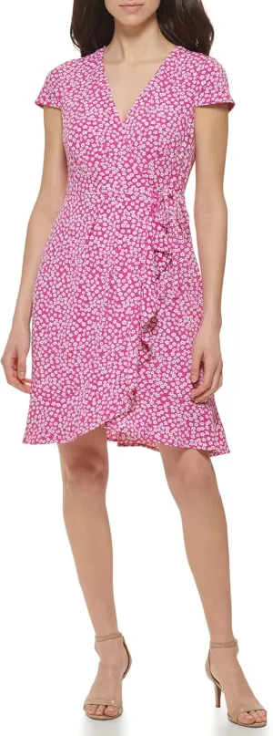 Jessica Howard Women's Floral Knit Wrap Mini Dress with Cap Sleeves