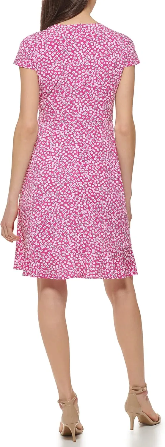Jessica Howard Women's Floral Knit Wrap Mini Dress with Cap Sleeves
