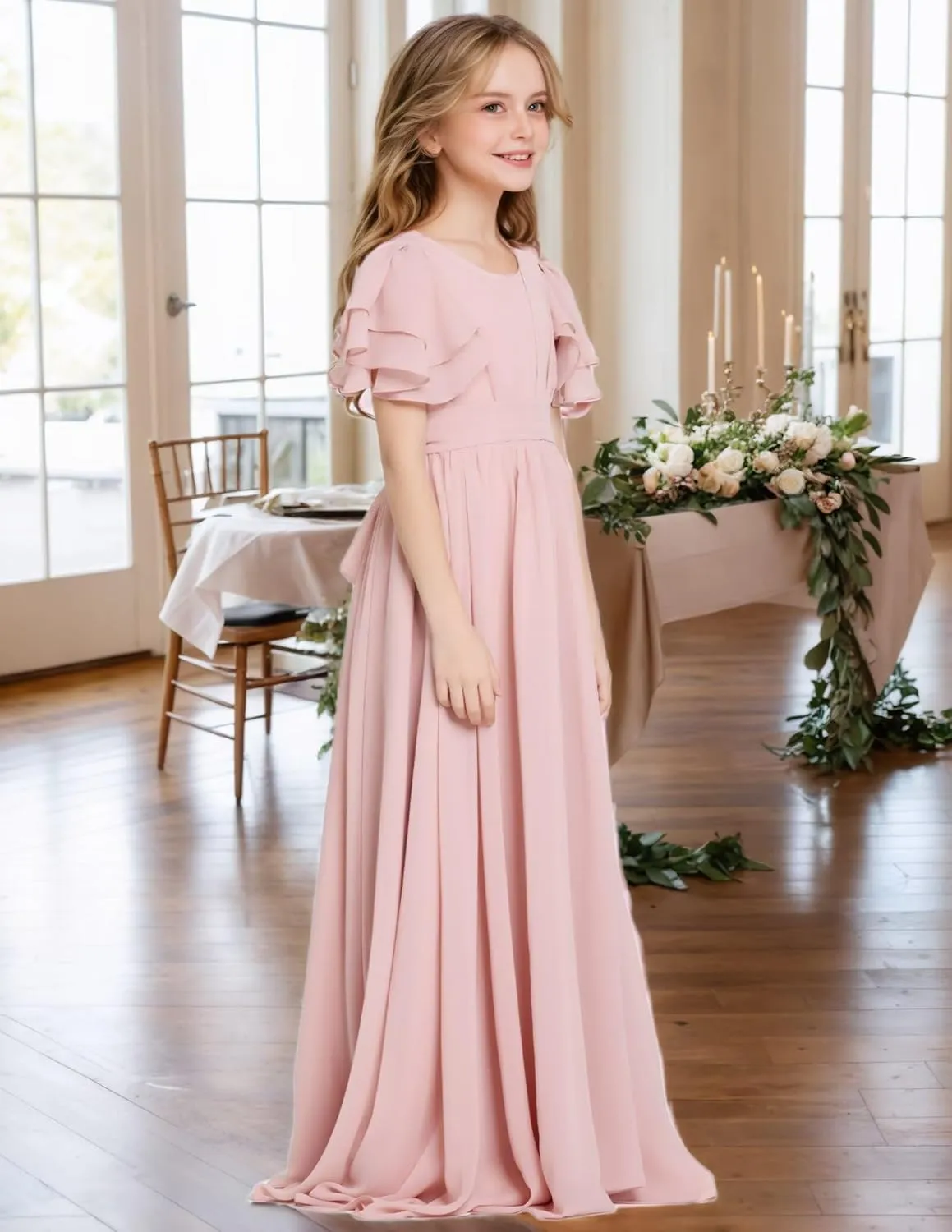 Junior Bridesmaid Dress Chiffon Flower Girl Dress Ruffle Fancy Dresses for Girls Long Formal Dresses