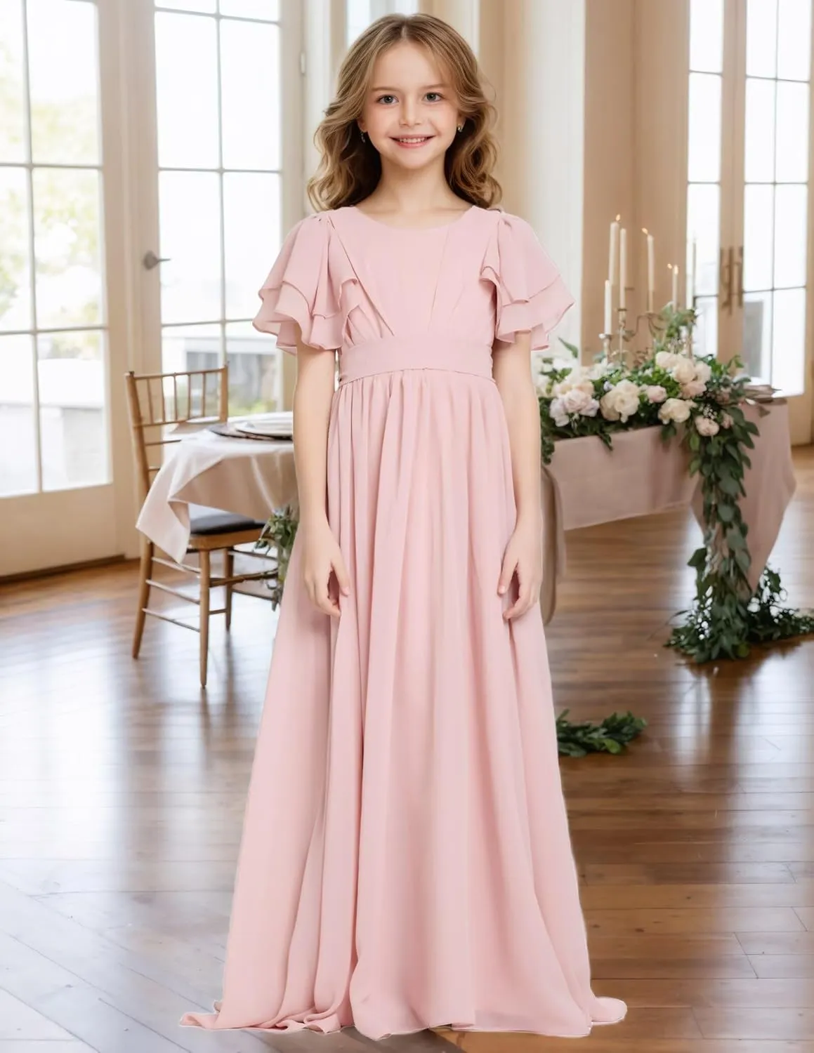 Junior Bridesmaid Dress Chiffon Flower Girl Dress Ruffle Fancy Dresses for Girls Long Formal Dresses
