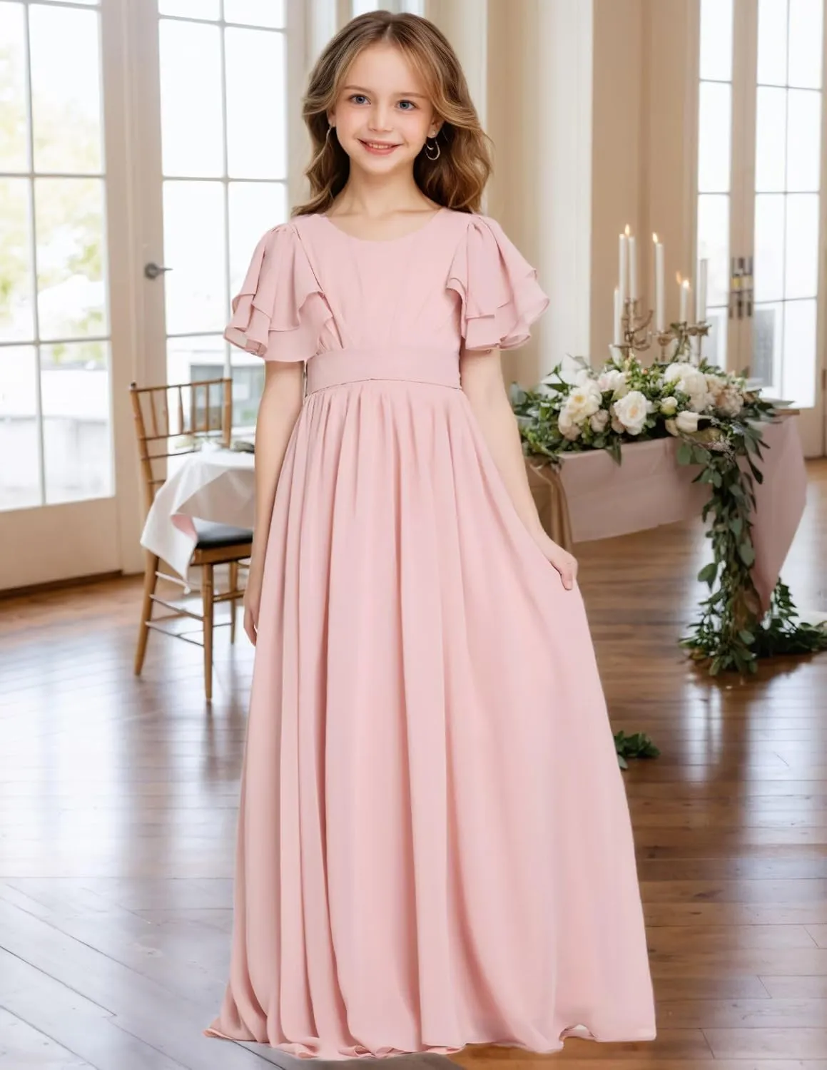 Junior Bridesmaid Dress Chiffon Flower Girl Dress Ruffle Fancy Dresses for Girls Long Formal Dresses