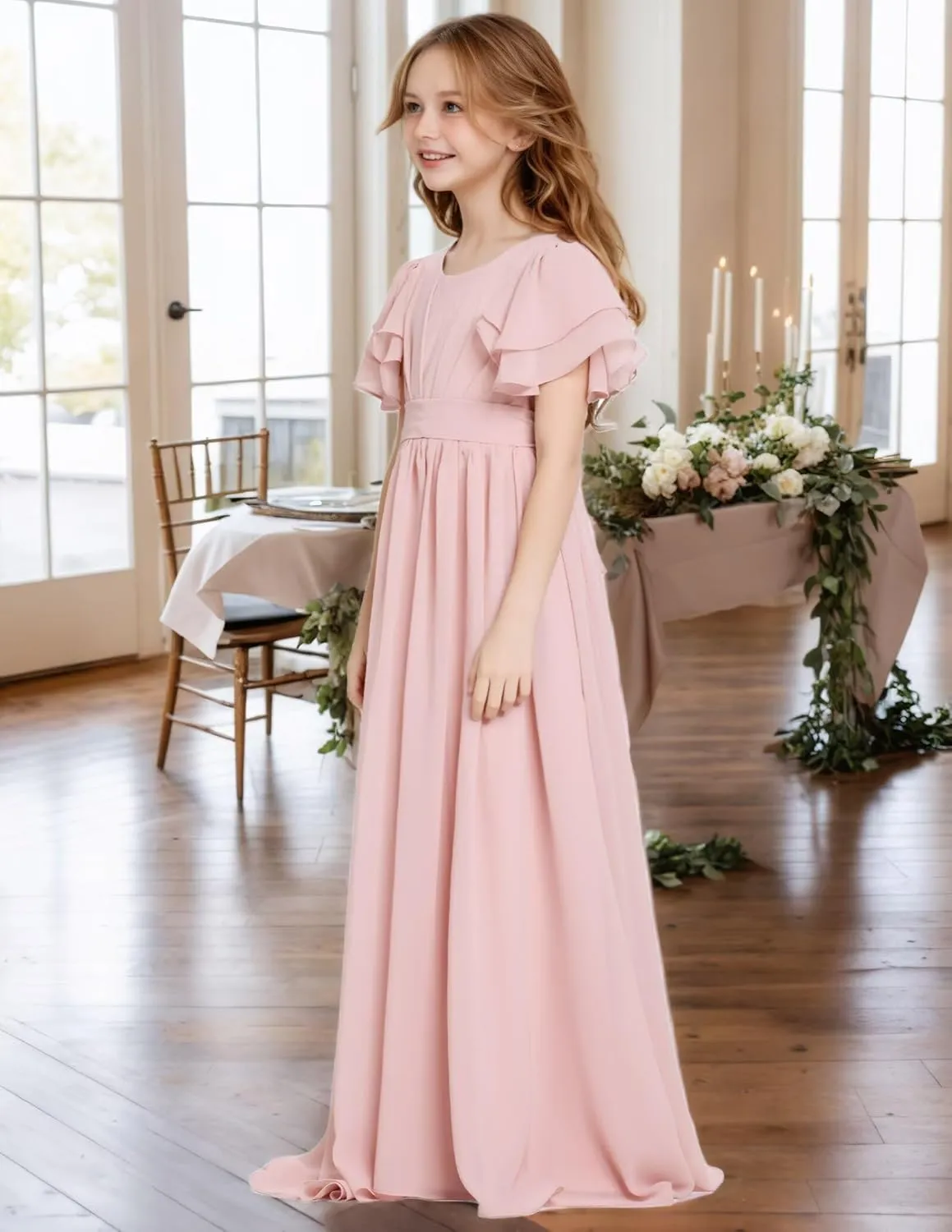 Junior Bridesmaid Dress Chiffon Flower Girl Dress Ruffle Fancy Dresses for Girls Long Formal Dresses