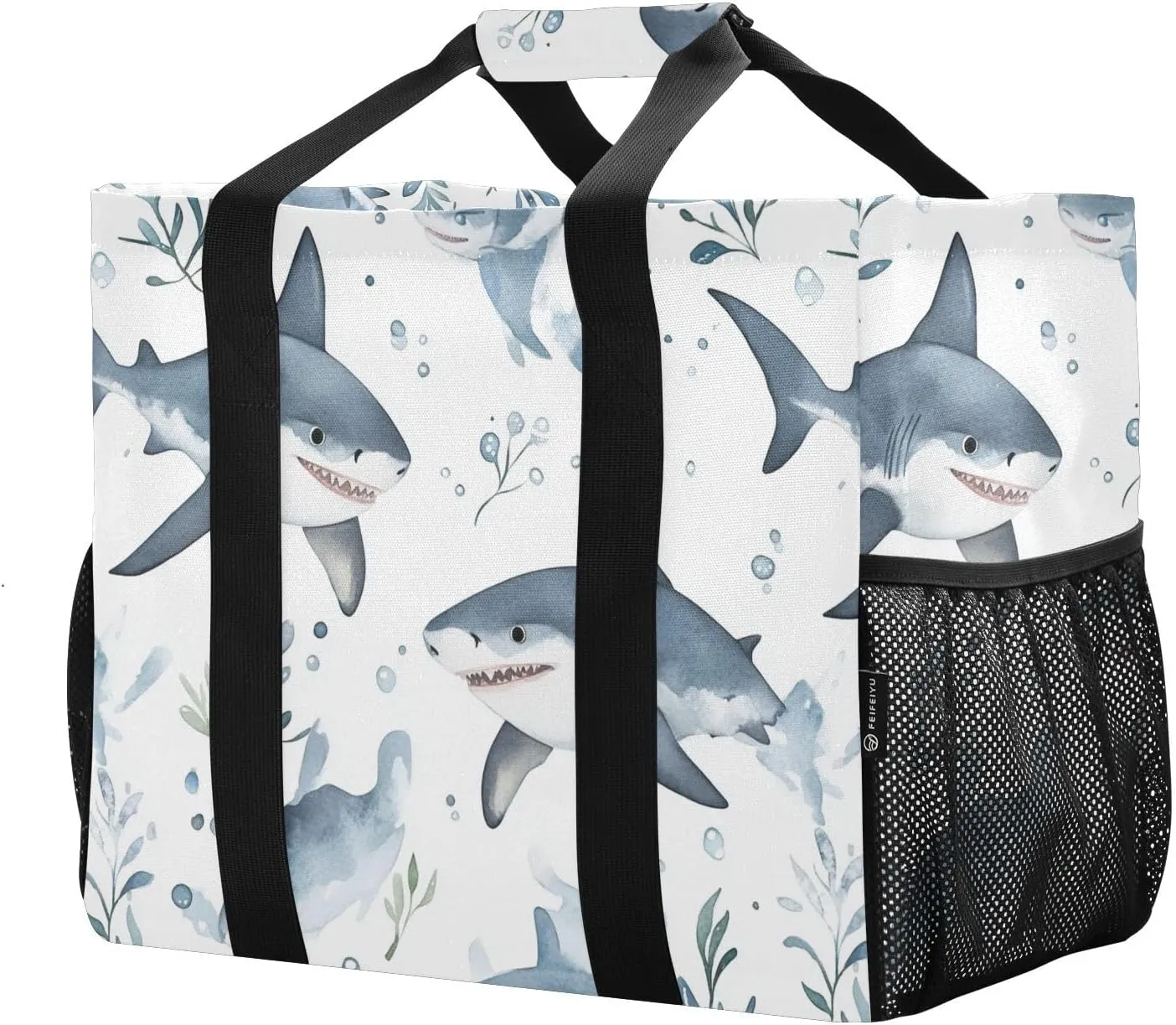 JUNZAN Cartoon fish sea Utility Bags And Totes Foldable Beach Bag Water Resistant Grocery Bags Reusable Canvas Laundry Bag Tote