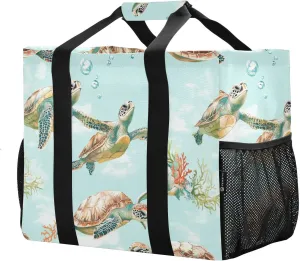 JUNZAN Cartoon Sea Turtle Teal Utility Bags And Totes Foldable Beach Bag Tote Water Resistant Grocery Bags Reusable Canvas Tote Bag For Car