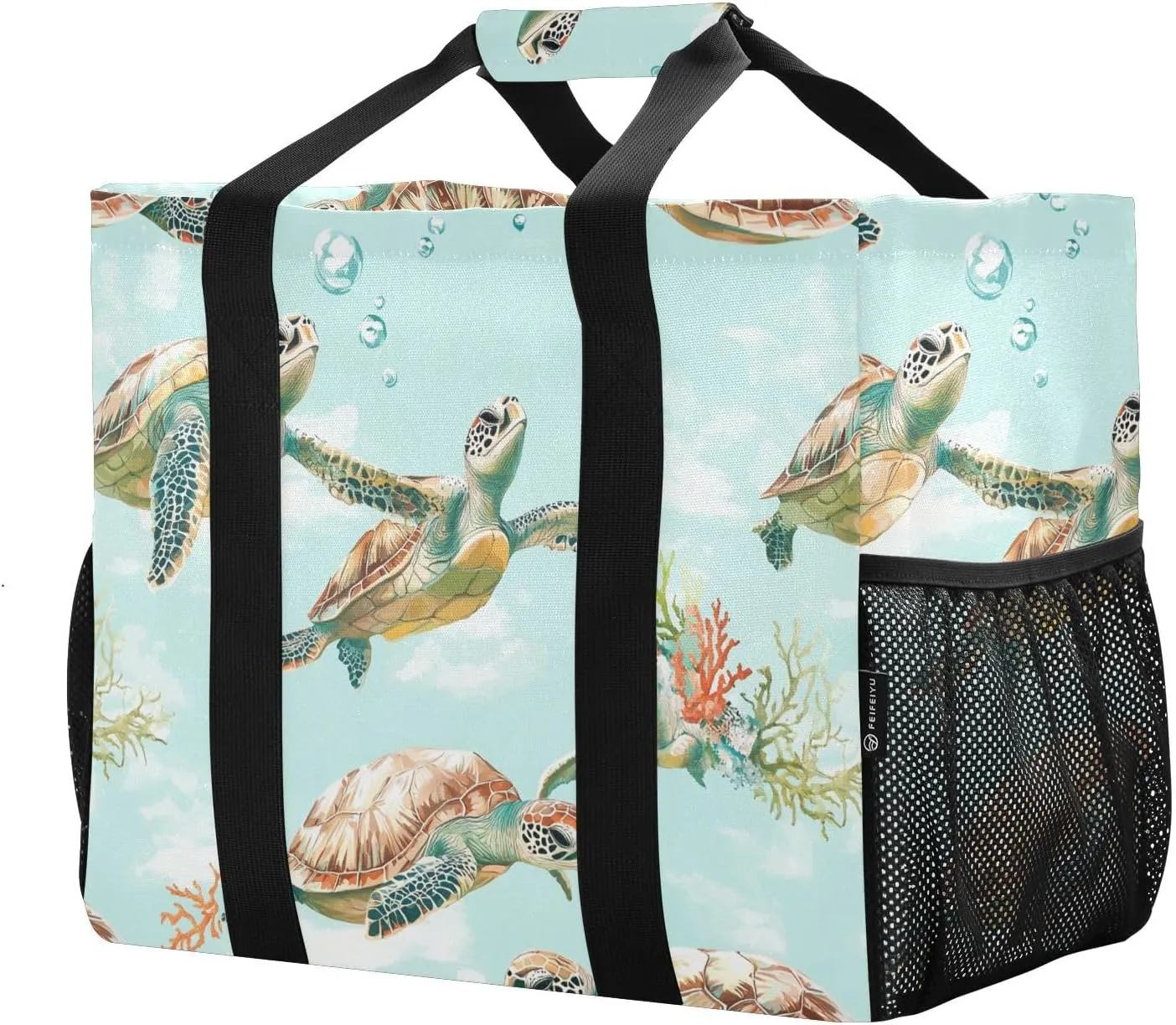JUNZAN Cartoon Sea Turtle Teal Utility Bags And Totes Foldable Beach Bag Tote Water Resistant Grocery Bags Reusable Canvas Tote Bag For Car