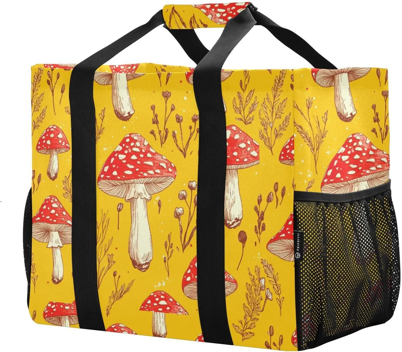 JUNZAN Cute Mushroom Utility Bag For Trunk Foldable Tote Bag For Beach With Compartments Reusable Grocery Bag Canvas Laundry Totes