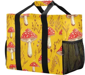 JUNZAN Cute Mushroom Utility Bag For Trunk Foldable Tote Bag For Beach With Compartments Reusable Grocery Bag Canvas Laundry Totes