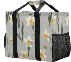 JUNZAN Daffodils Gray Utility Tote Bag For Women Foldable Beach Totes Bags Water Resistant Reusable Shopping Bag with Handles Laundry Tote