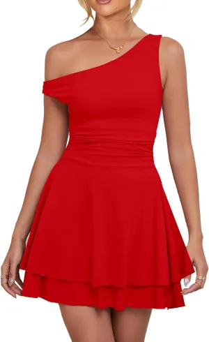 Kaximil Women's Sexy Ruffle Hem Mini Dress One Shoulder A Line Ruched Short Party Dresses