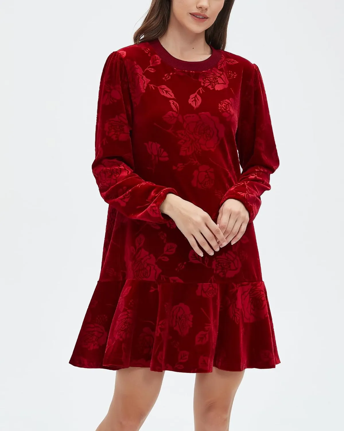 Kedera Women's Elegant Velvet Dress Crew Neck Tiered Ruffle Aline Flowy Wedding Floral Pattern Dresses