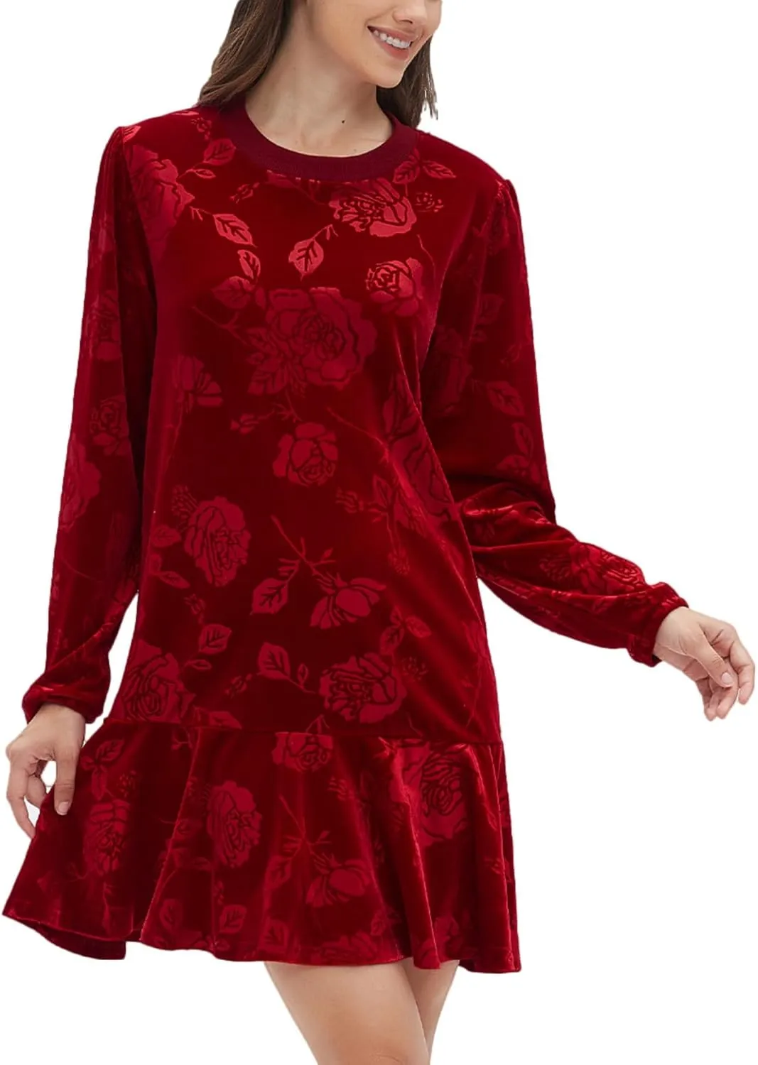 Kedera Women's Elegant Velvet Dress Crew Neck Tiered Ruffle Aline Flowy Wedding Floral Pattern Dresses