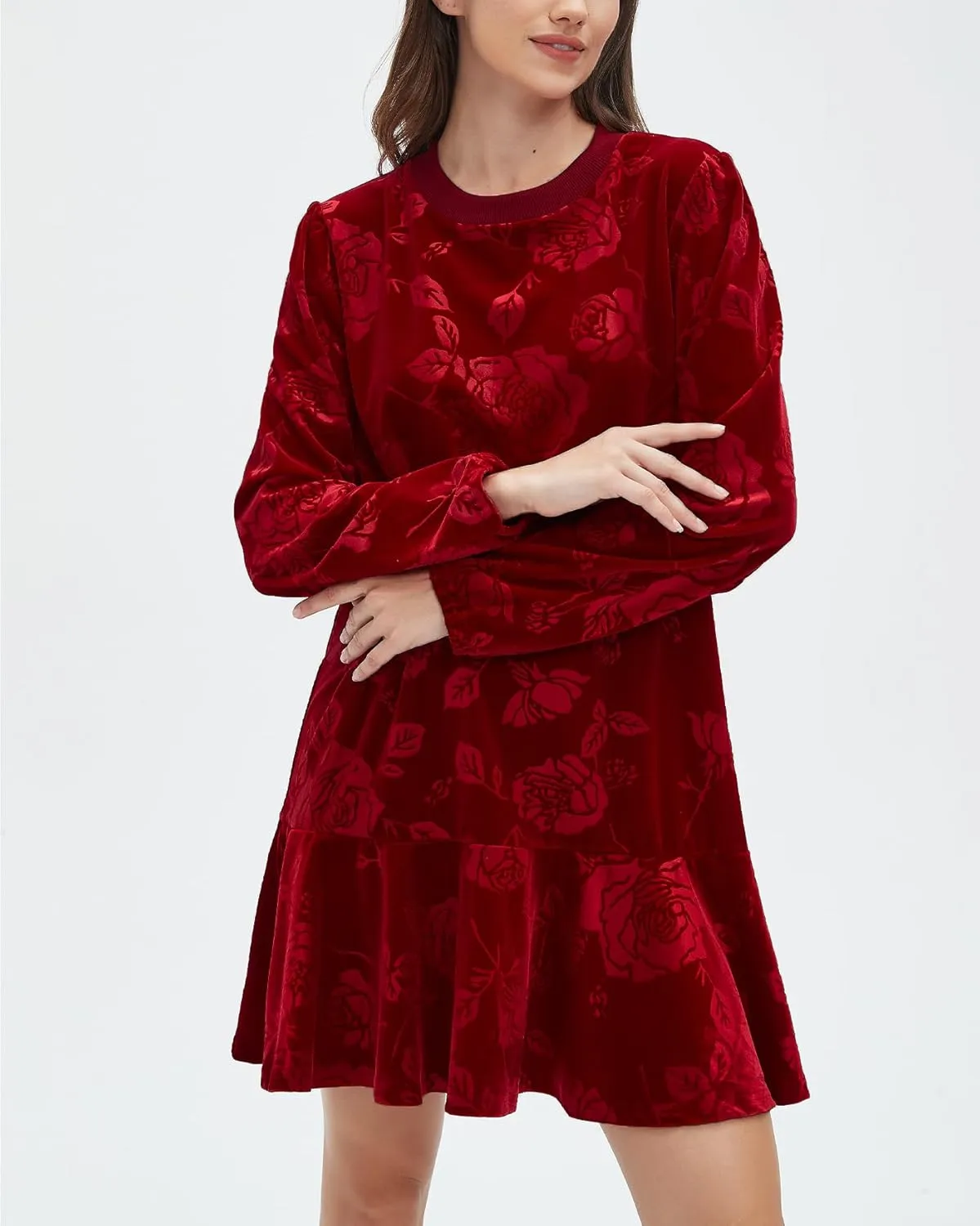 Kedera Women's Elegant Velvet Dress Crew Neck Tiered Ruffle Aline Flowy Wedding Floral Pattern Dresses