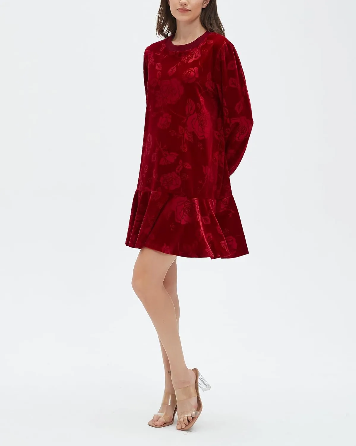 Kedera Women's Elegant Velvet Dress Crew Neck Tiered Ruffle Aline Flowy Wedding Floral Pattern Dresses