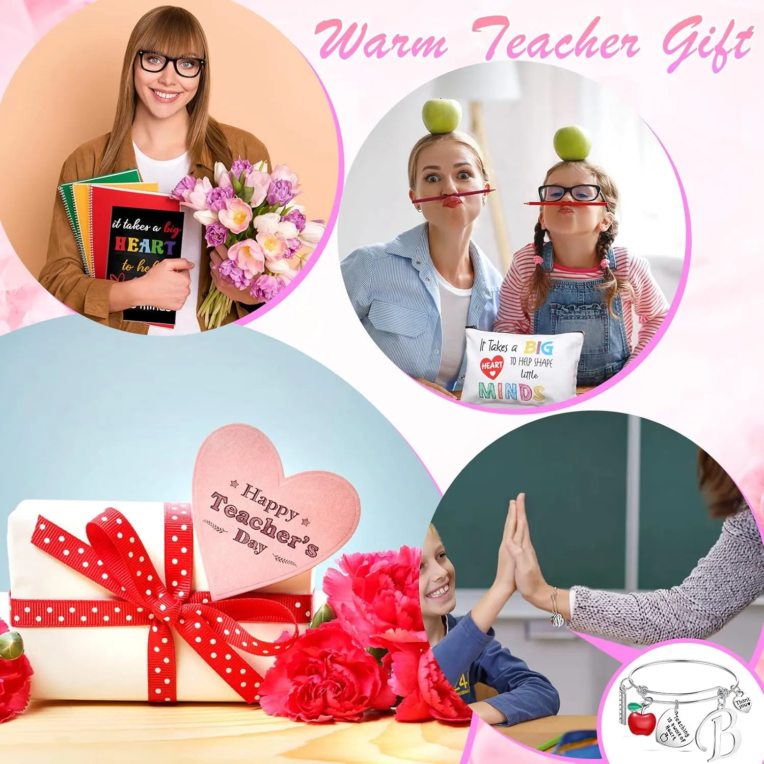 Kenning 3 Pcs Teacher Appreciation Gifts 2025 Set Include Teacher Survival Kit Zippered Makeup Pouch Cosmetic Bag Inspirational Quote Notebook, and Bracelet with Initial for 2025 Graduation(Letter B)