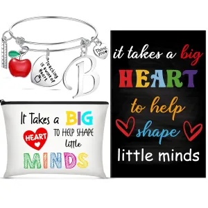 Kenning 3 Pcs Teacher Appreciation Gifts 2025 Set Include Teacher Survival Kit Zippered Makeup Pouch Cosmetic Bag Inspirational Quote Notebook, and Bracelet with Initial for 2025 Graduation(Letter B)