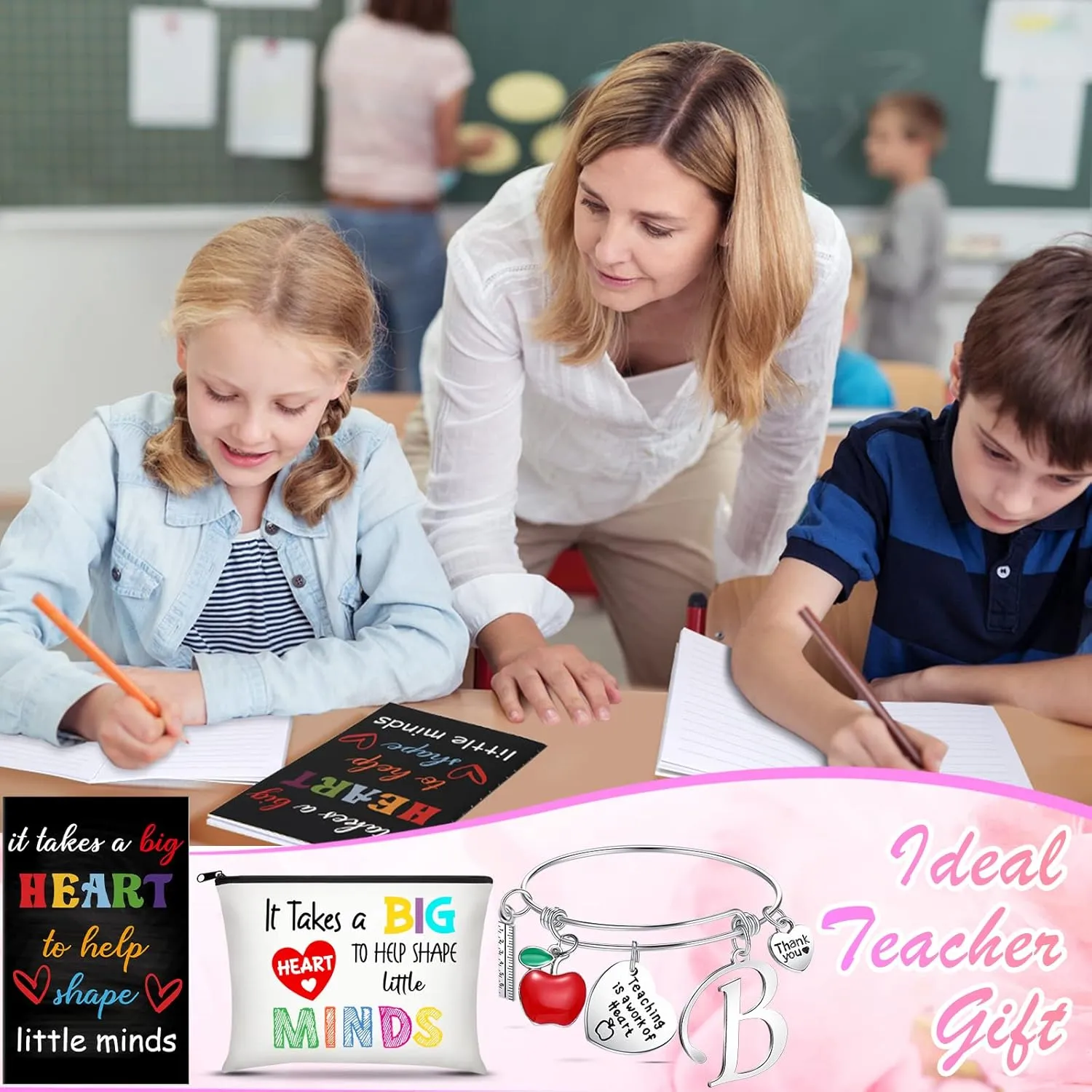 Kenning 3 Pcs Teacher Appreciation Gifts 2025 Set Include Teacher Survival Kit Zippered Makeup Pouch Cosmetic Bag Inspirational Quote Notebook, and Bracelet with Initial for 2025 Graduation(Letter B)