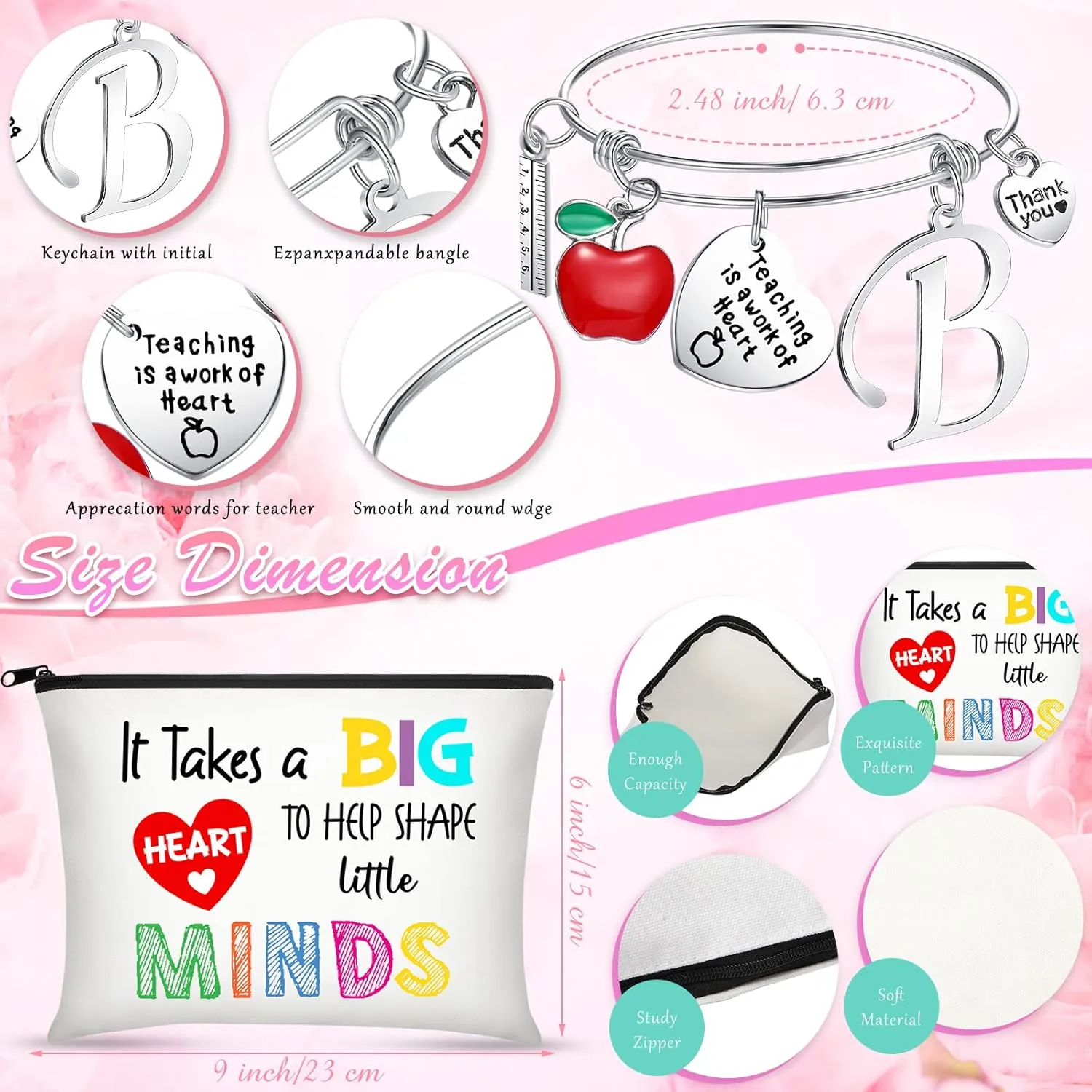 Kenning 3 Pcs Teacher Appreciation Gifts 2025 Set Include Teacher Survival Kit Zippered Makeup Pouch Cosmetic Bag Inspirational Quote Notebook, and Bracelet with Initial for 2025 Graduation(Letter B)