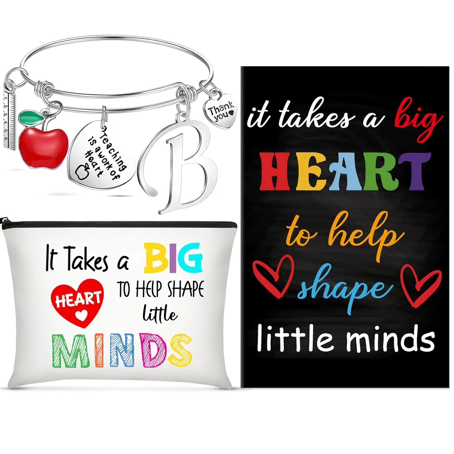 Kenning 3 Pcs Teacher Appreciation Gifts 2025 Set Include Teacher Survival Kit Zippered Makeup Pouch Cosmetic Bag Inspirational Quote Notebook, and Bracelet with Initial for 2025 Graduation(Letter B)