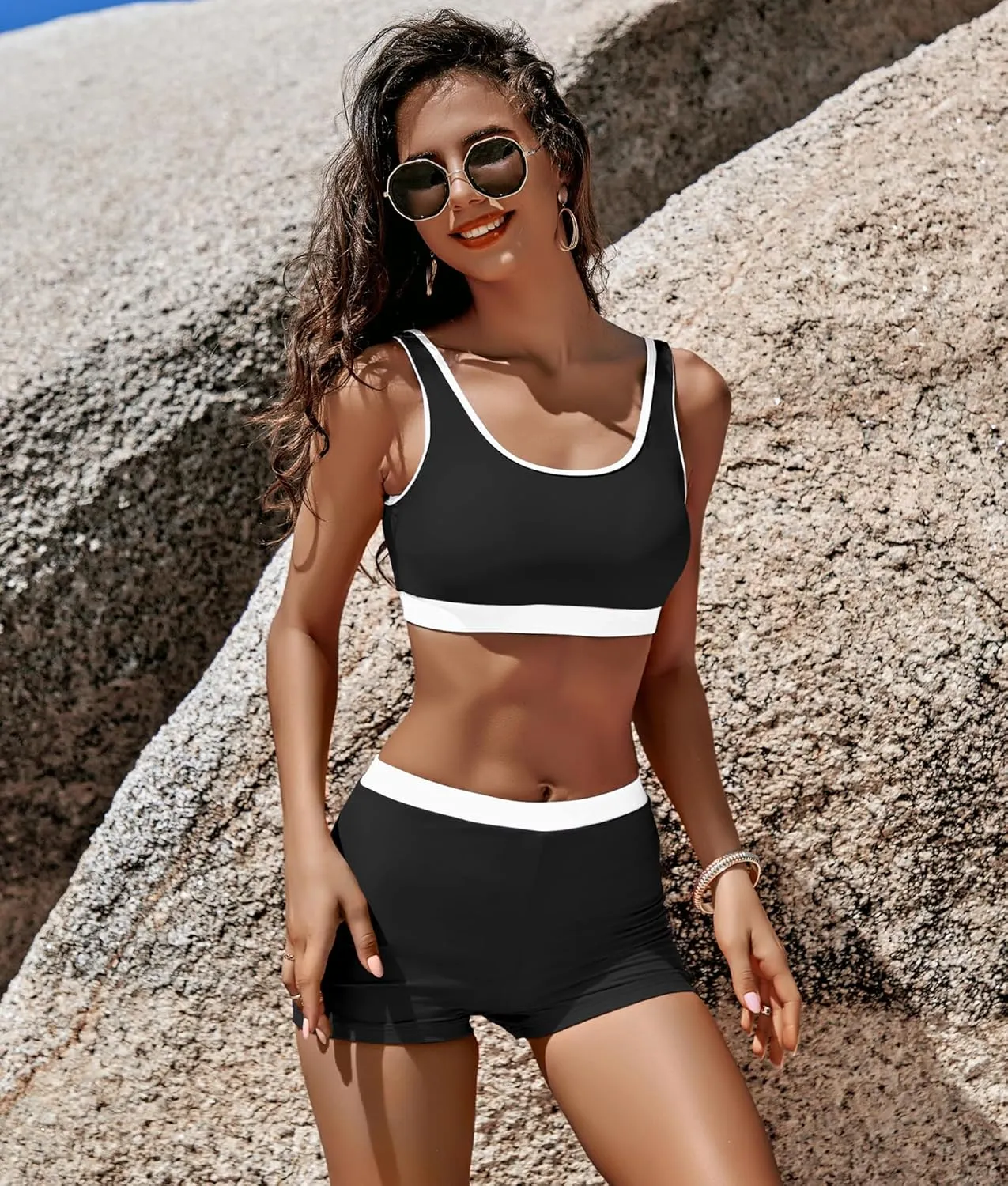 KerryKreey High Waisted Bikini Sets for Women Two Piece Swimsuit Teens Tummy Control Bathing Suit Tankini with Shorts