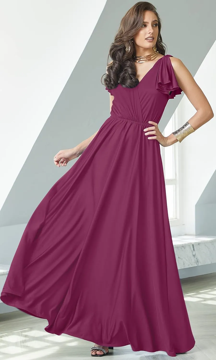 KOH KOH Womens Long V-Neck Ruffle Sleeveless Bridesmaid Prom Gown Maxi Dress