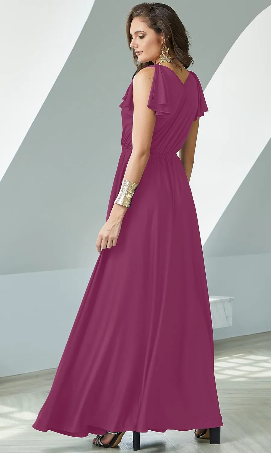 KOH KOH Womens Long V-Neck Ruffle Sleeveless Bridesmaid Prom Gown Maxi Dress