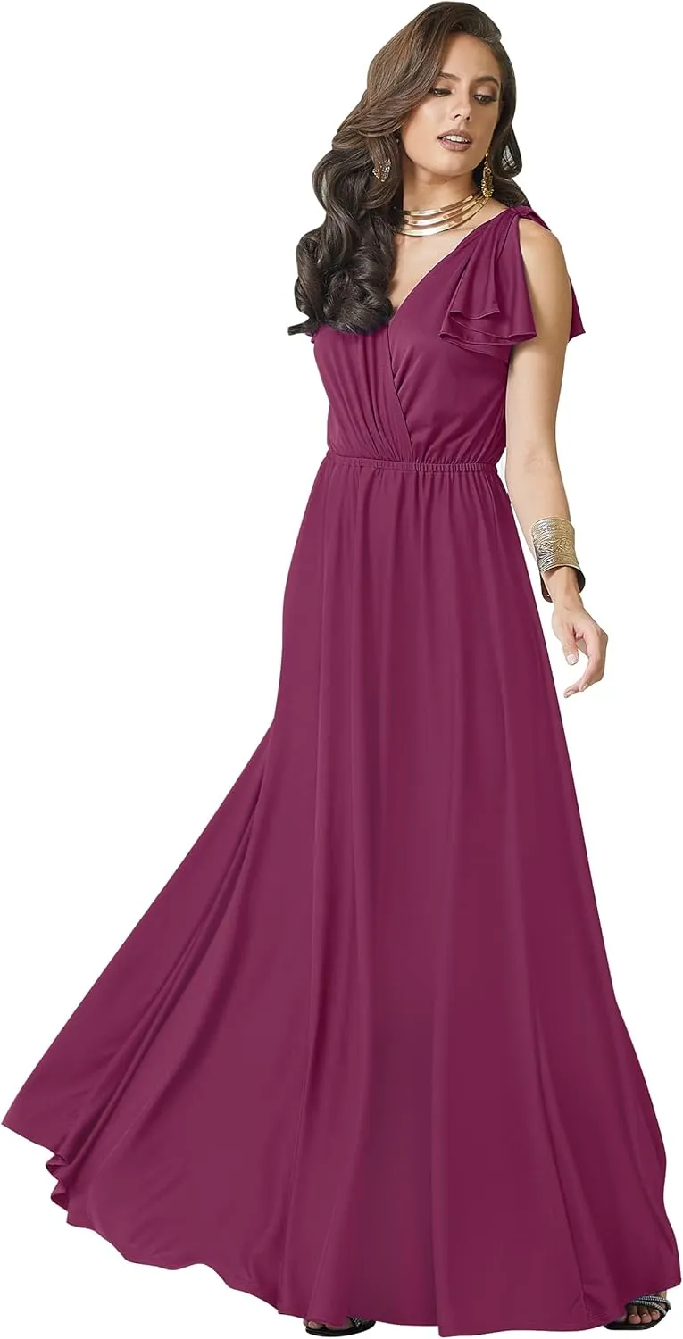 KOH KOH Womens Long V-Neck Ruffle Sleeveless Bridesmaid Prom Gown Maxi Dress