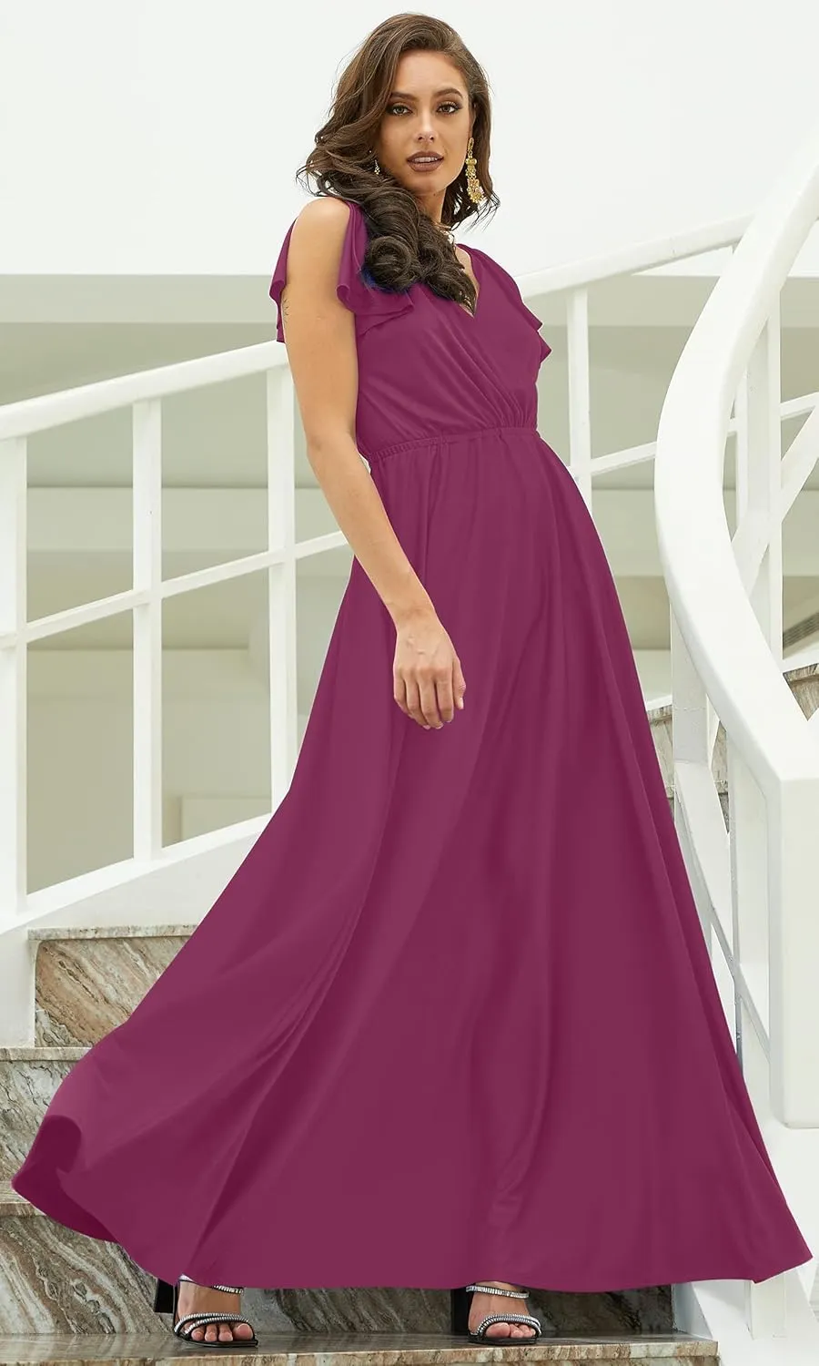 KOH KOH Womens Long V-Neck Ruffle Sleeveless Bridesmaid Prom Gown Maxi Dress