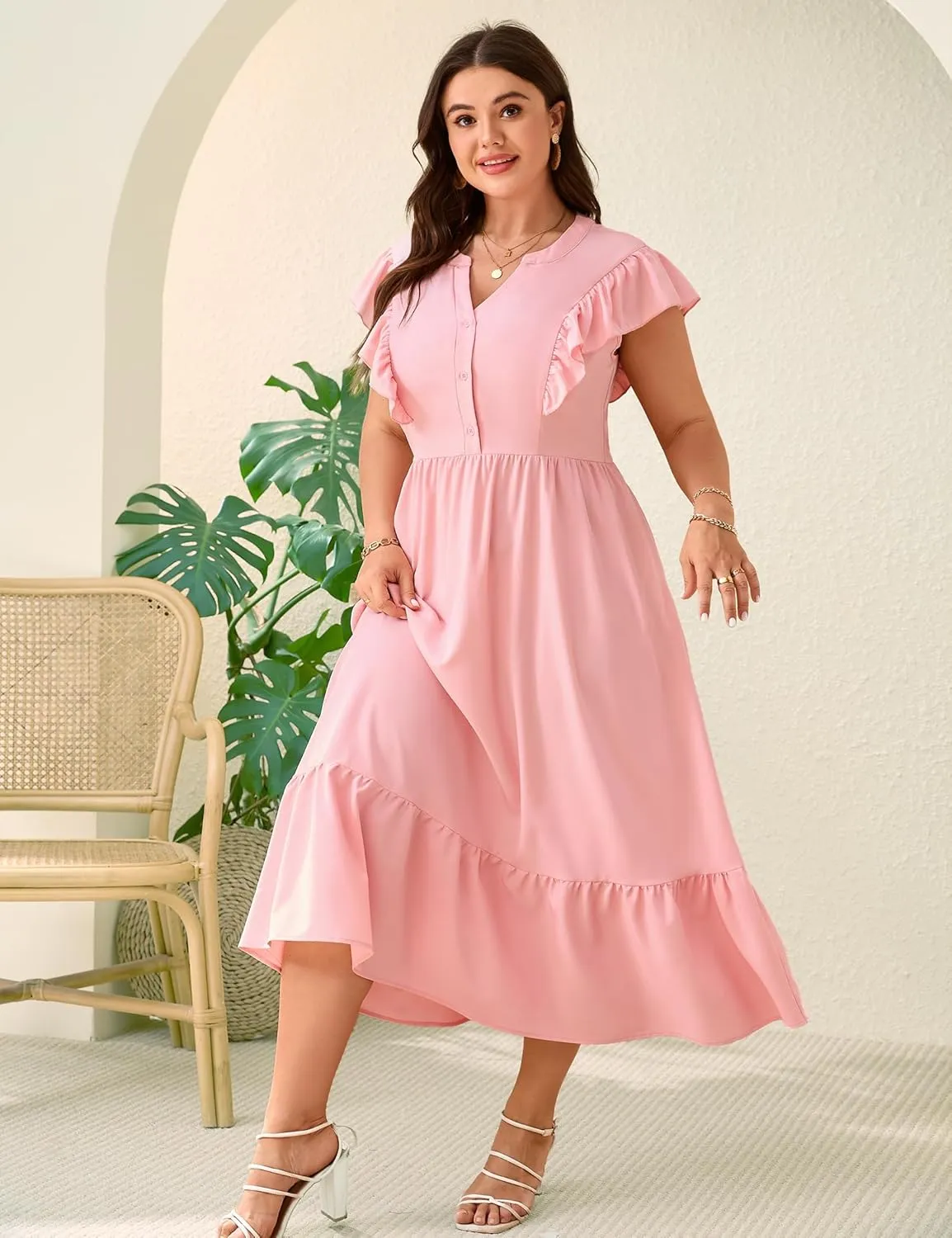 KOJOOIN Women Plus Size Summer Beach Boho Dress Ruffle Sleeveless V Neck Button Down Casual Wedding Guest Maxi Dresses