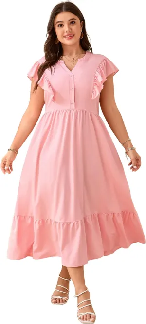 KOJOOIN Women Plus Size Summer Beach Boho Dress Ruffle Sleeveless V Neck Button Down Casual Wedding Guest Maxi Dresses