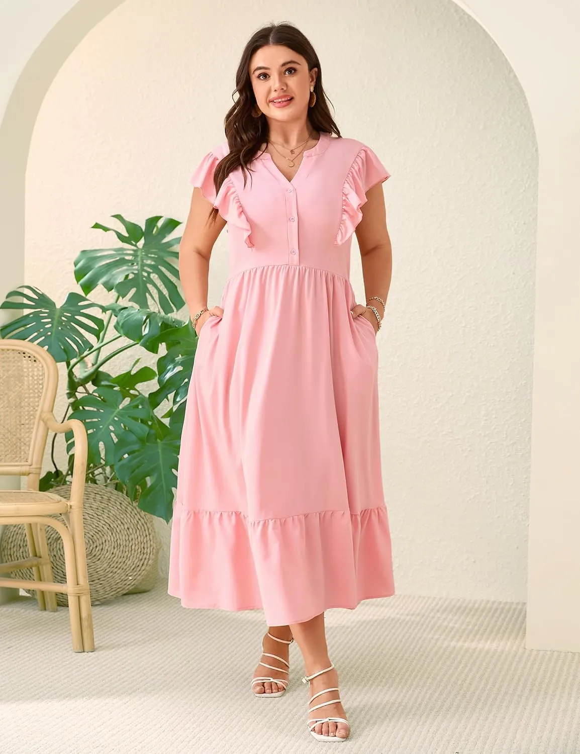 KOJOOIN Women Plus Size Summer Beach Boho Dress Ruffle Sleeveless V Neck Button Down Casual Wedding Guest Maxi Dresses