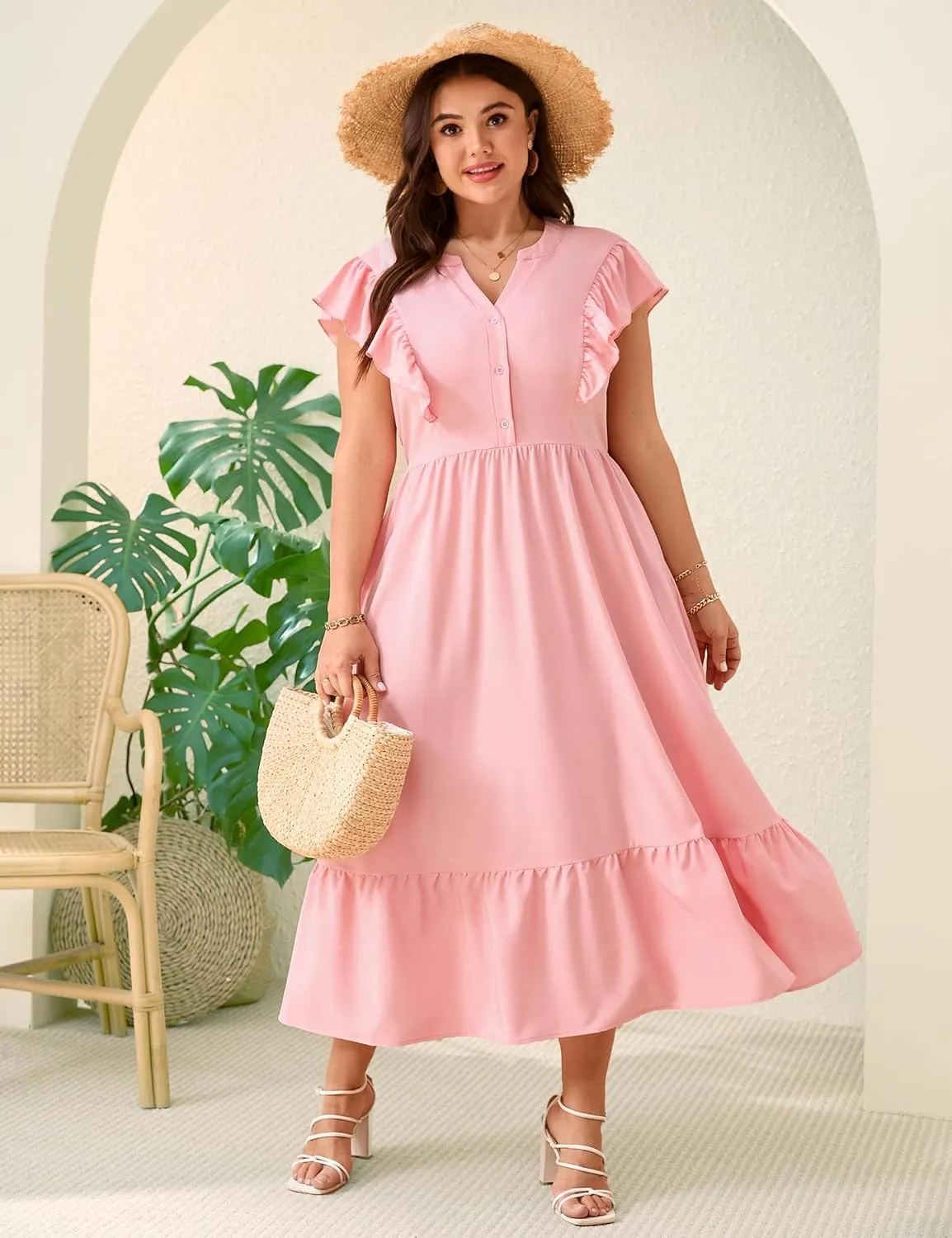 KOJOOIN Women Plus Size Summer Beach Boho Dress Ruffle Sleeveless V Neck Button Down Casual Wedding Guest Maxi Dresses