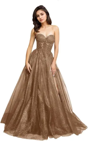 Lace Appliques Tulle Prom Dresses Strapless Sparkly Ball Gown Long Sweetheart Evening Party Gowns with Slit