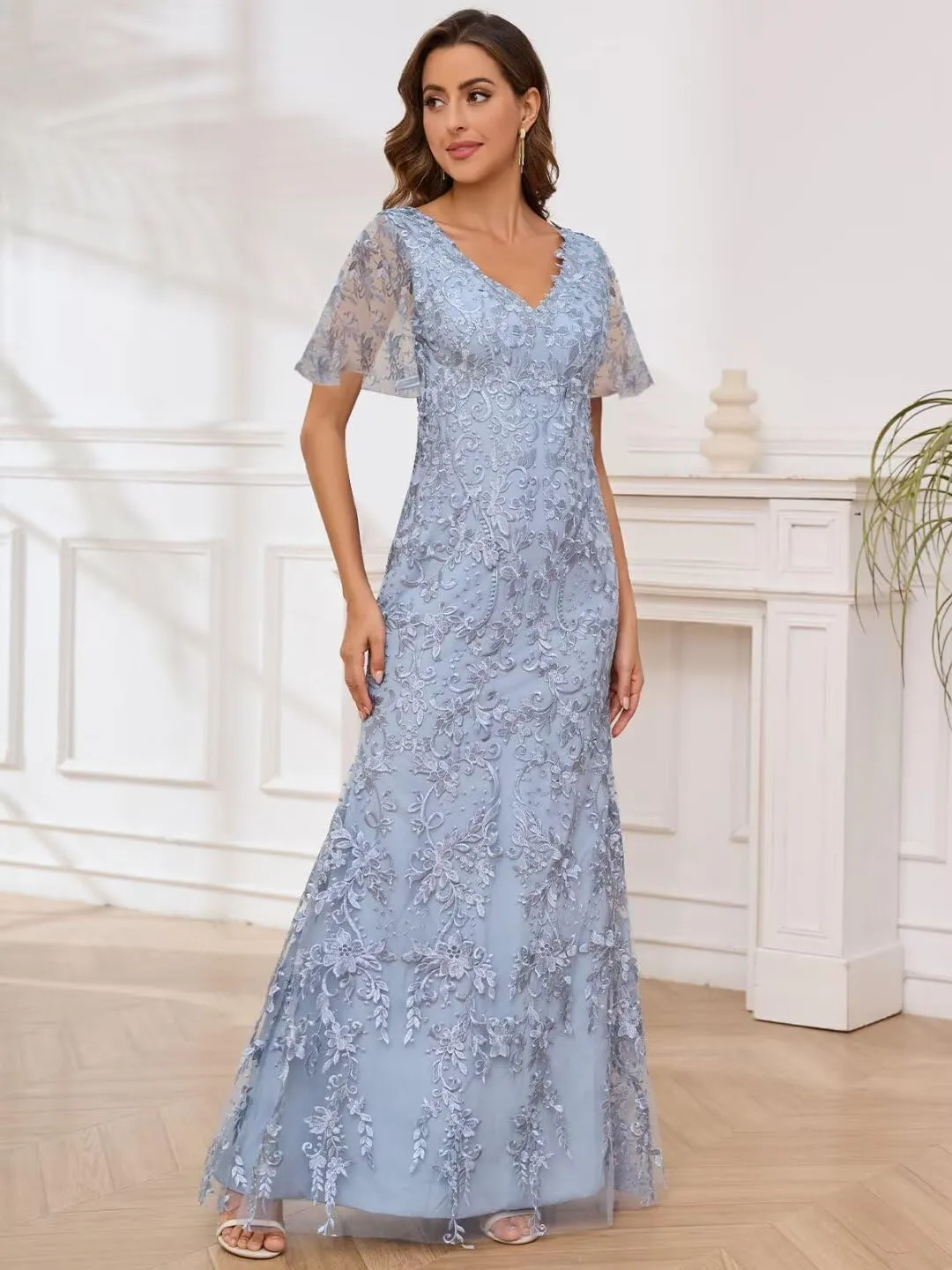 Lace Mermaid Mother of The Bride Dresses for Wedding Short Sleeve Formal Dress Evening Gowns