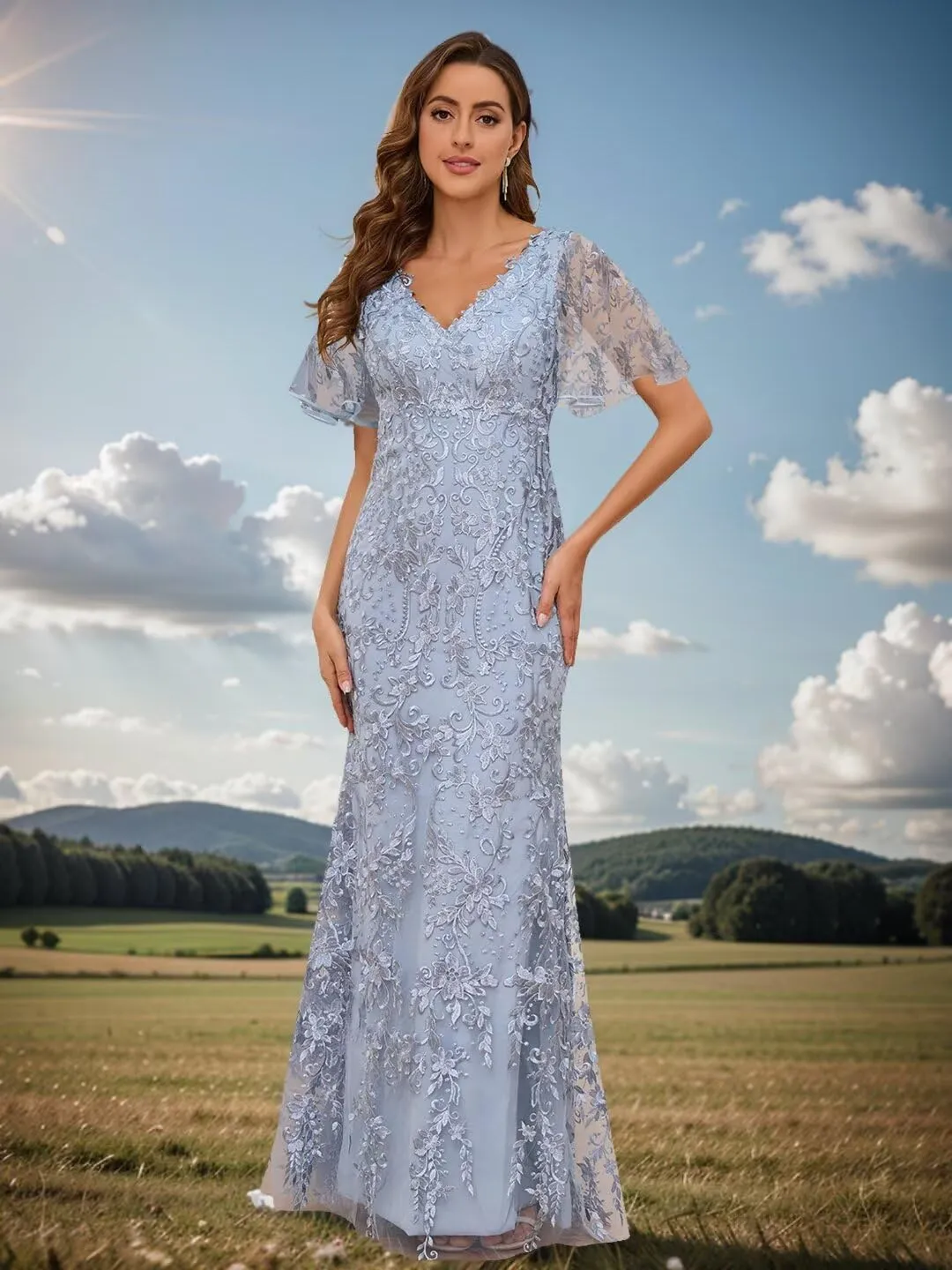 Lace Mermaid Mother of The Bride Dresses for Wedding Short Sleeve Formal Dress Evening Gowns