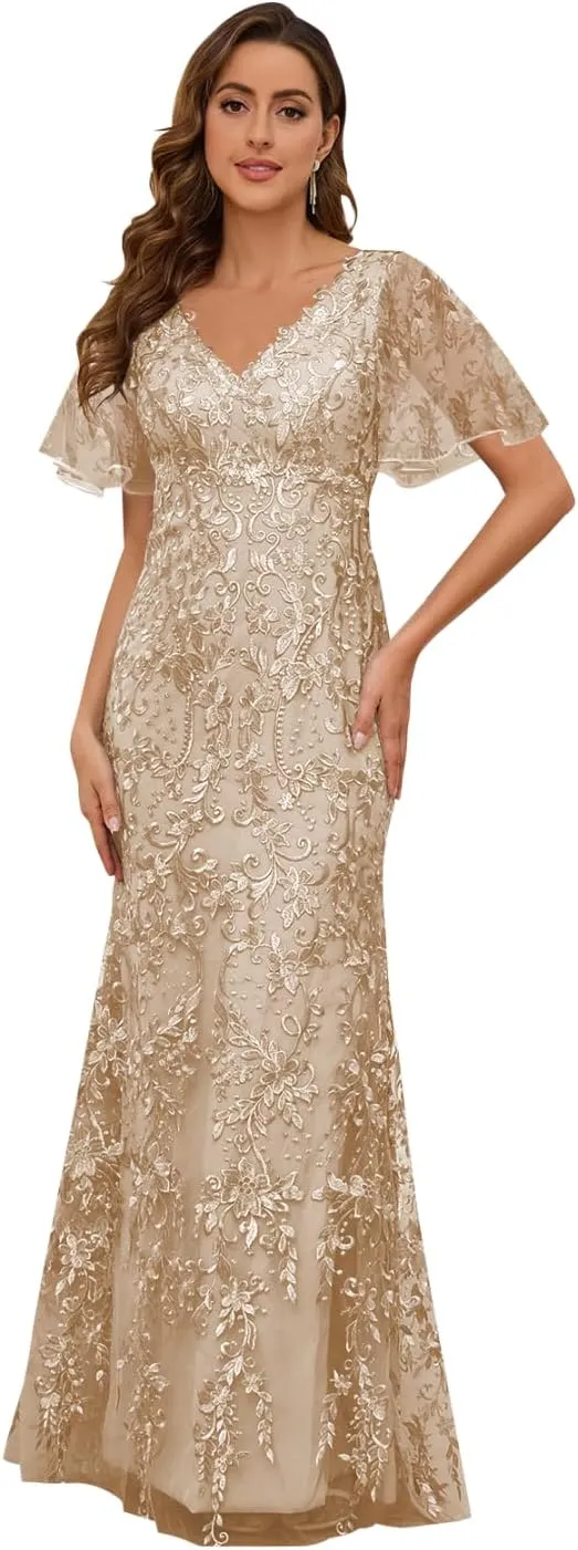 Lace Mermaid Mother of The Bride Dresses for Wedding Short Sleeve Formal Dress Evening Gowns