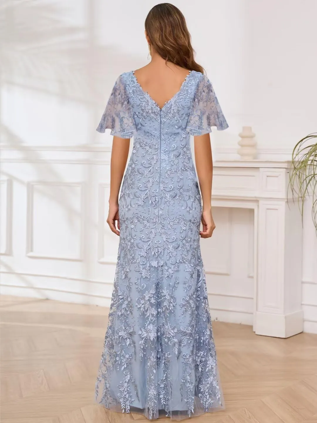 Lace Mermaid Mother of The Bride Dresses for Wedding Short Sleeve Formal Dress Evening Gowns
