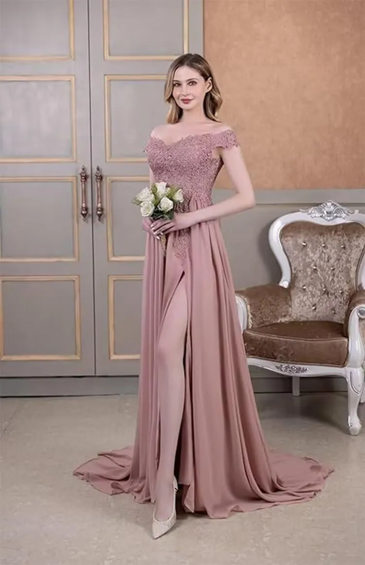 Laces Applique Prom Dresses for Women Chiffon Off Shoulder Bridesmaid Dress A Line Formal Evening Party Gowns