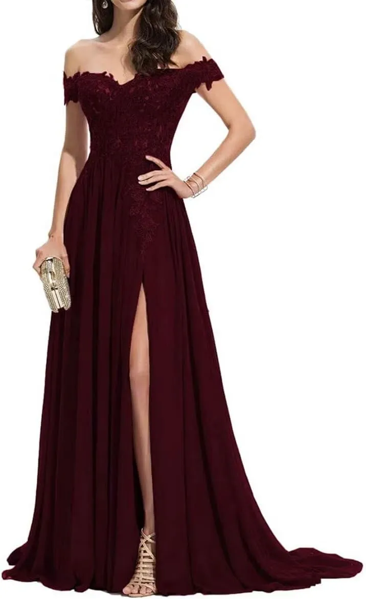 Laces Applique Prom Dresses for Women Chiffon Off Shoulder Bridesmaid Dress A Line Formal Evening Party Gowns
