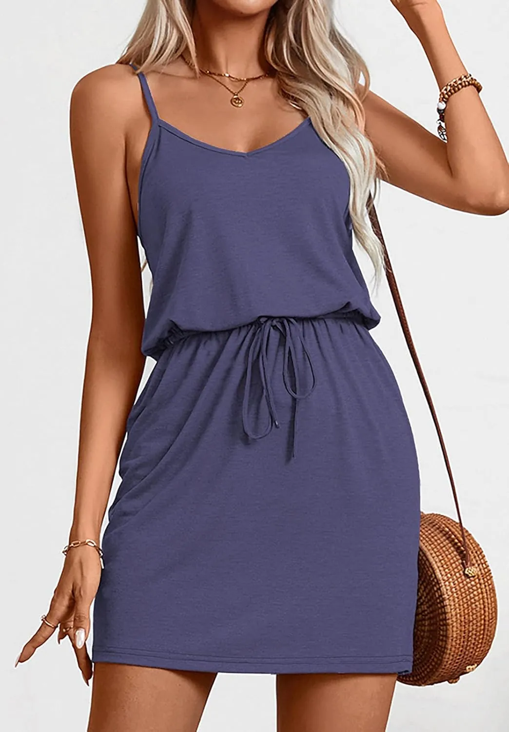 levaca Womens Summer Dress Spaghetti Straps Tie Waist Casual Beach Cover Up Vacation Mini Sundresses