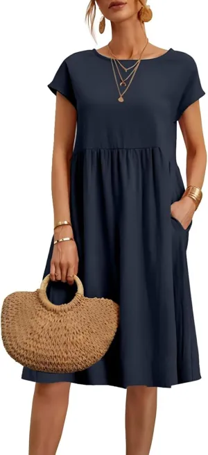 Linen Dresses for Women 2025 Summer Cotton Short Sleeve Crewneck Midi Dress Casual Loose Flowy Beach Sundresses with Pockets